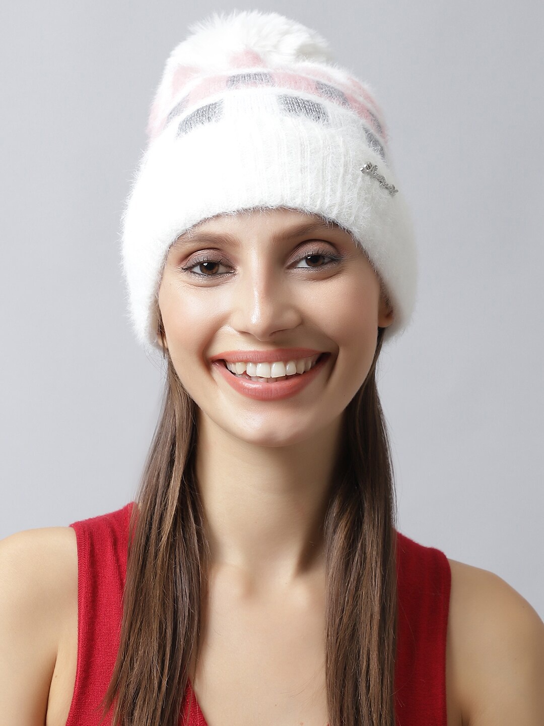 

LOOM LEGACY Women White & Black Checked Acrylic Beanie