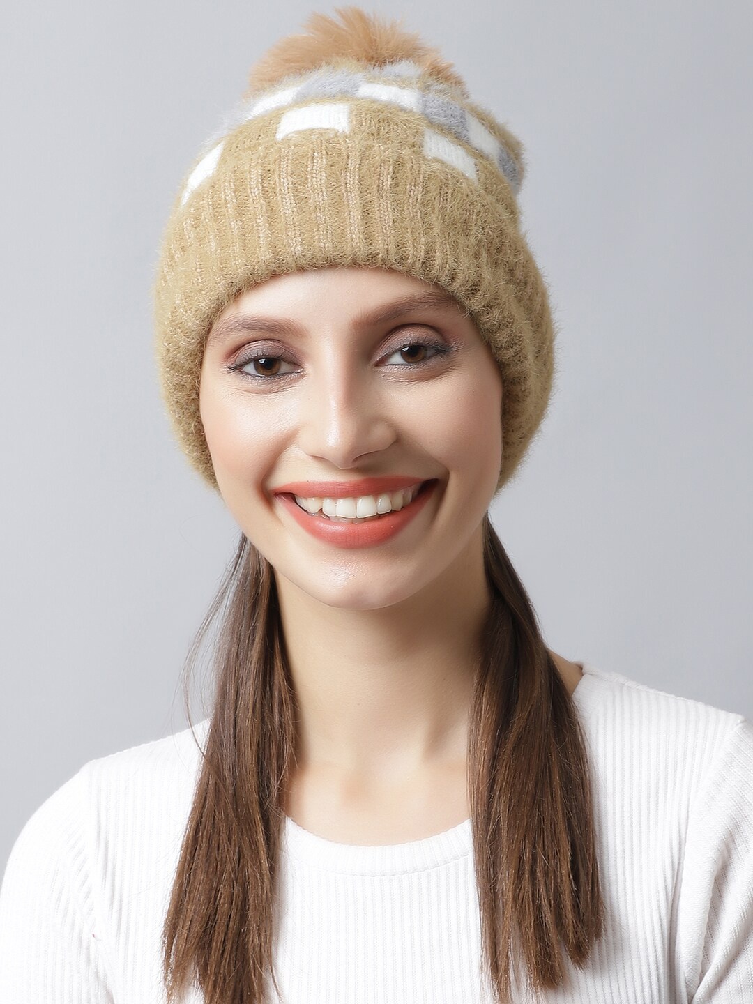 

LOOM LEGACY Women Gold-Toned & Grey Checked Acrylic Beanie