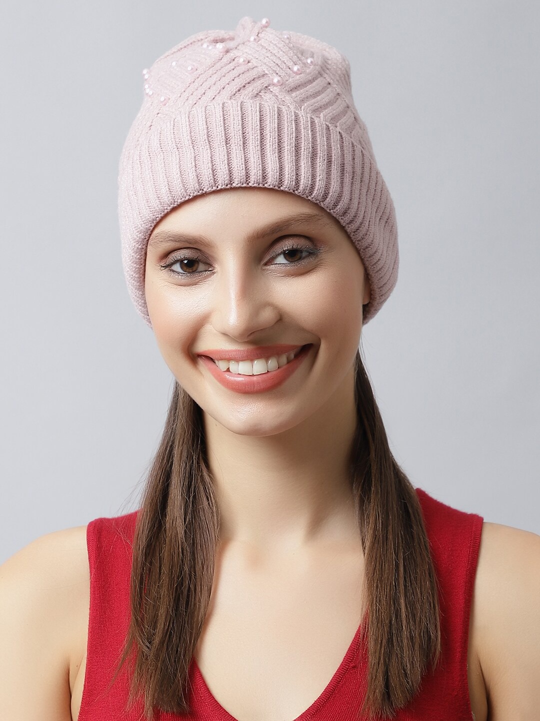 

LOOM LEGACY Women Mauve Embellished Acrylic Beanie