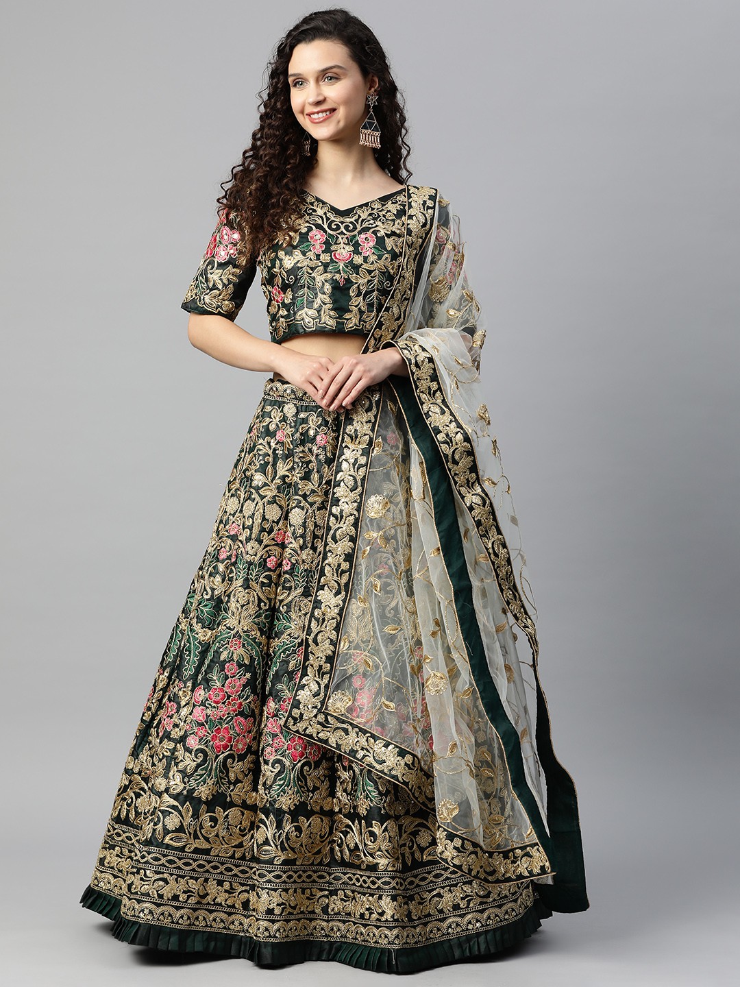 

Divine International Trading Co Green Embroidered Thread Work Lehenga Choli With Dupatta