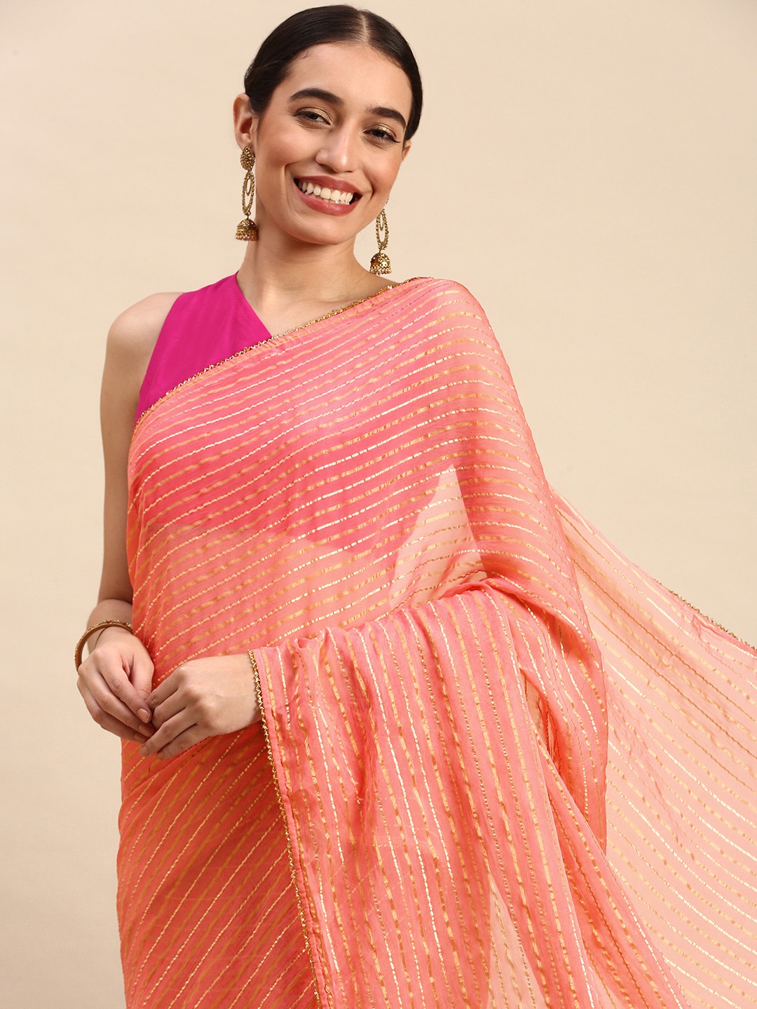 

MOHEY Striped Pure Georgette Saree, Pink