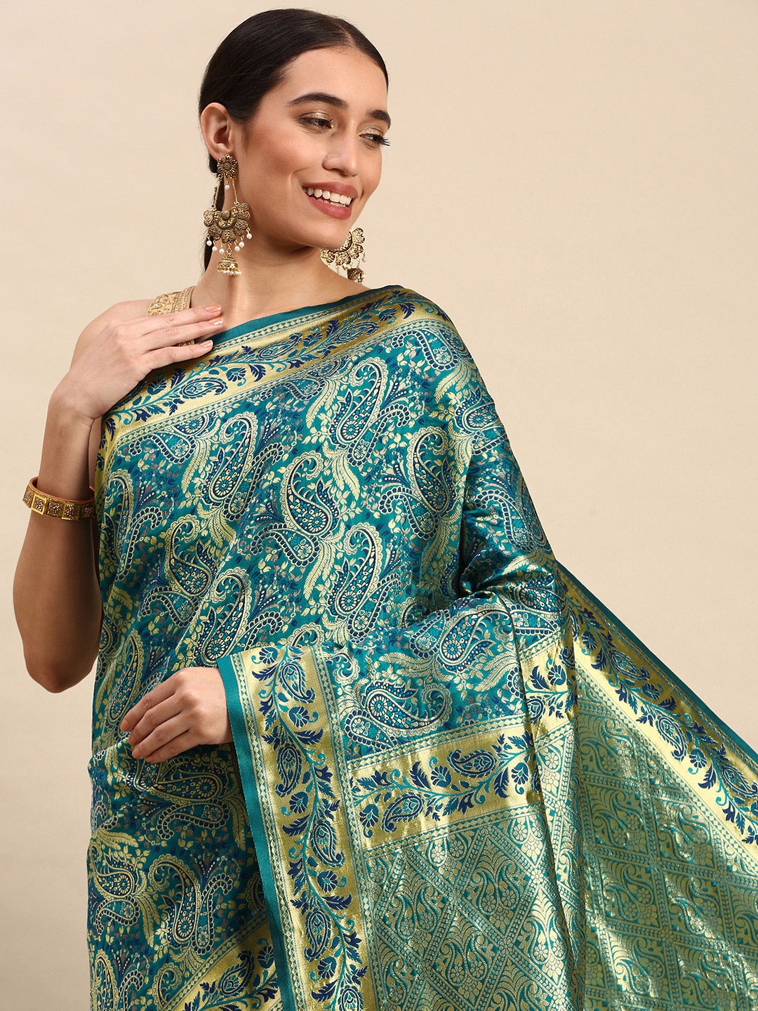 

MOHEY Ethnic Motifs Woven Design Art Silk Saree, Sea green