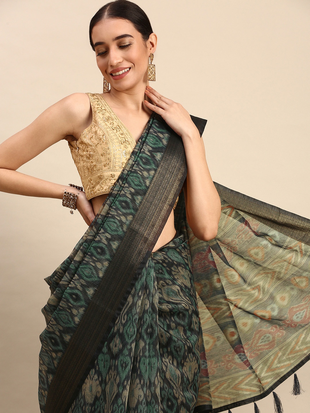 

MOHEY Chanderi Print Pure Silk Saree, Blue