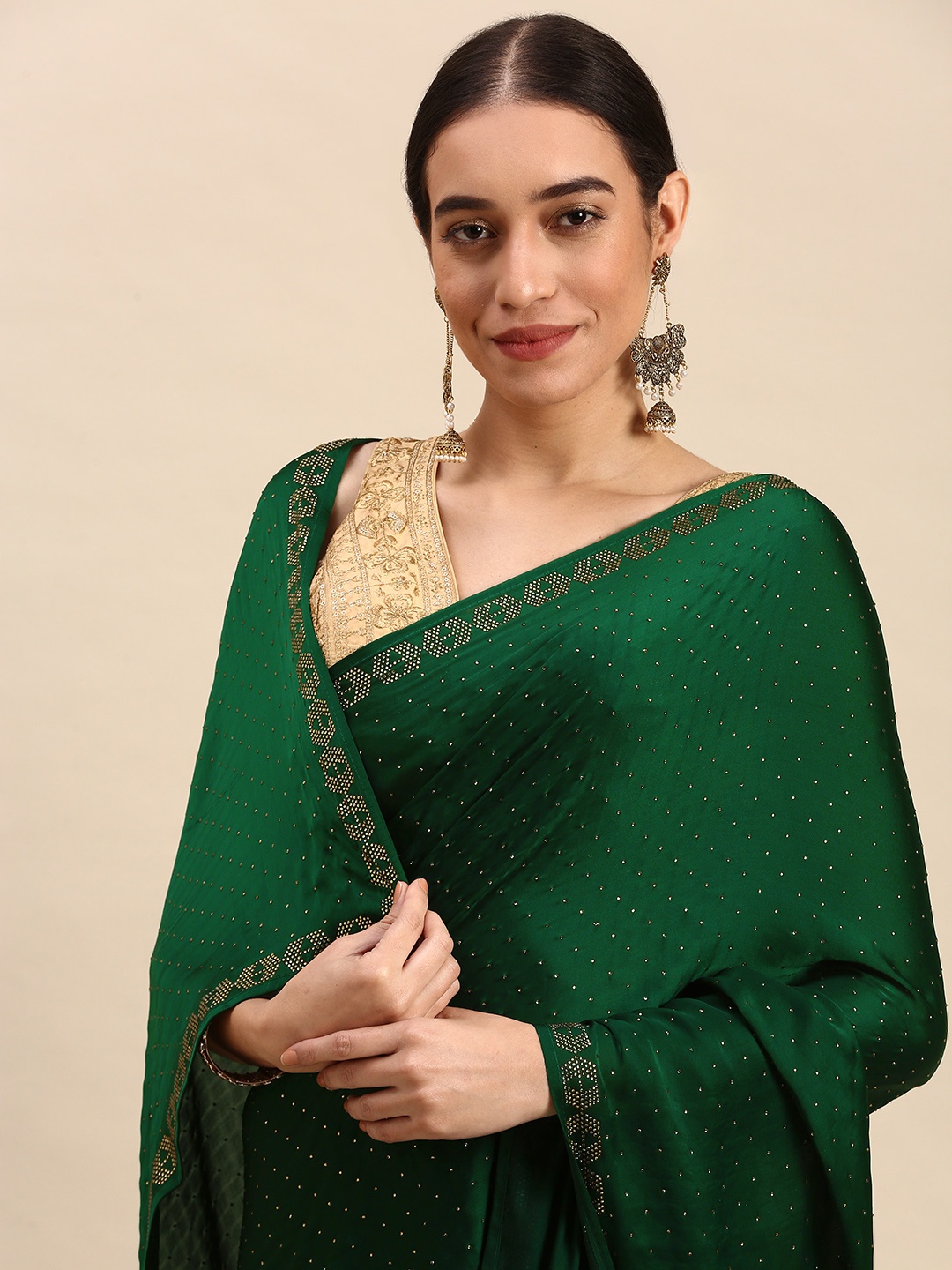 

MOHEY Embellished Satin Saree, Green