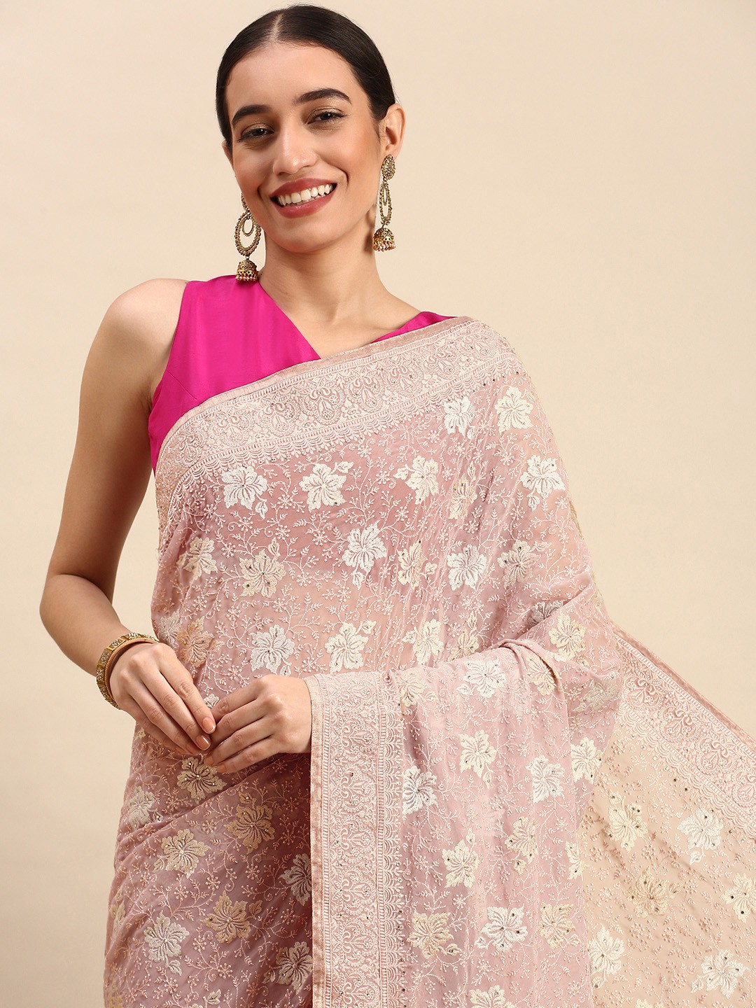 

MOHEY Floral Embroidered Pure Georgette Saree, Pink