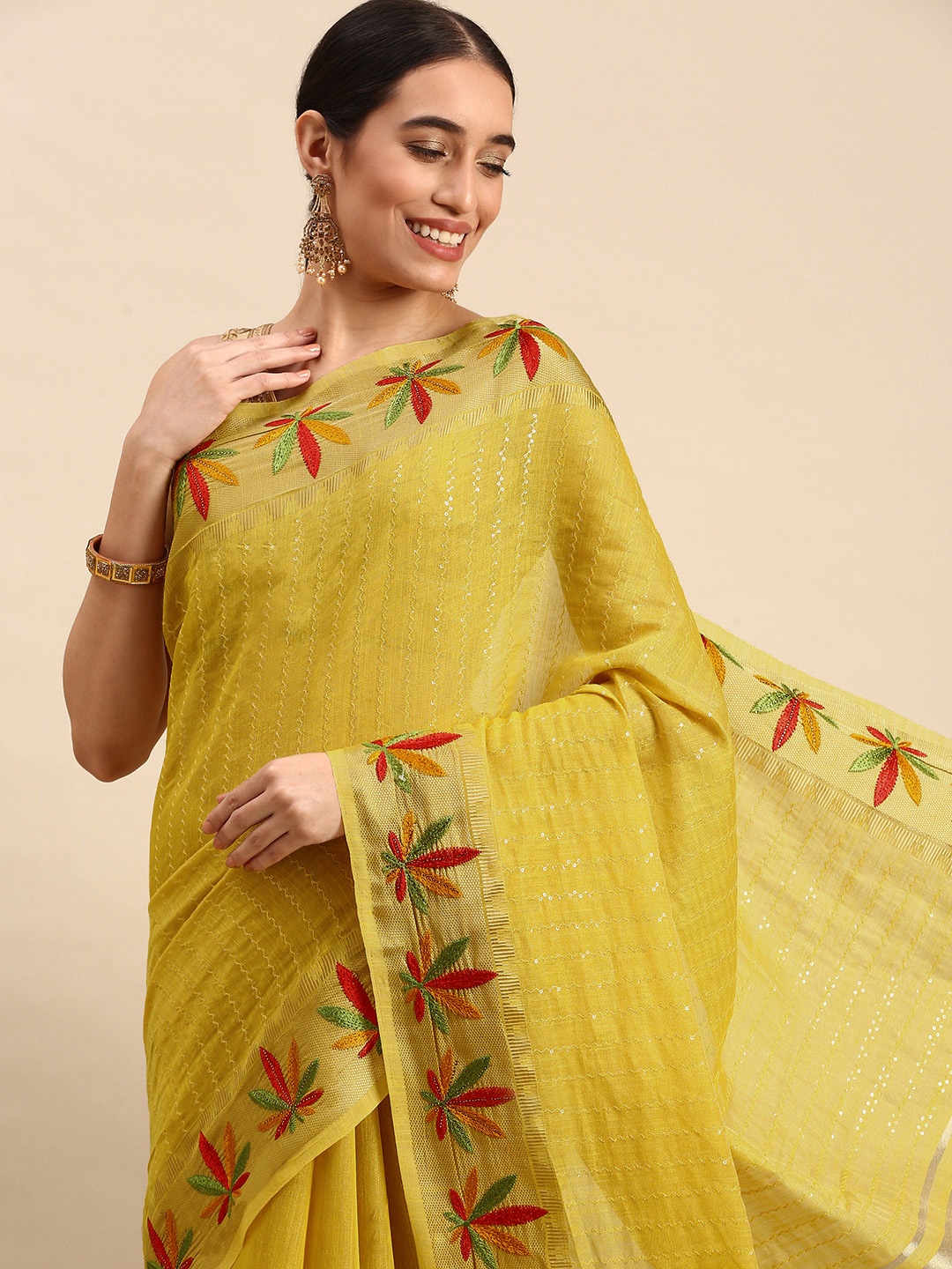 

MOHEY Woven Design Art Silk Saree, Yellow