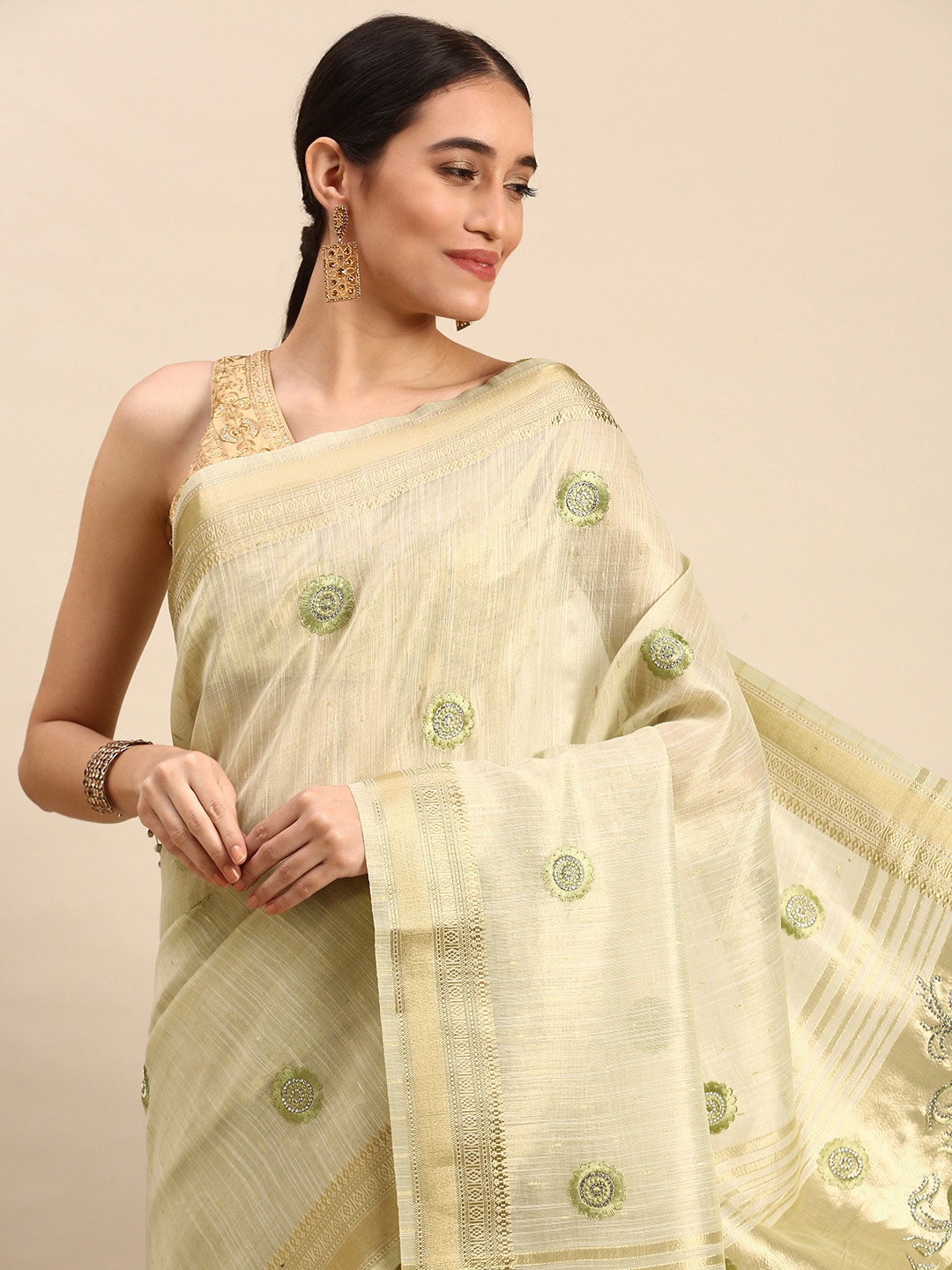

MOHEY Floral Sequinned Organza Saree, Cream