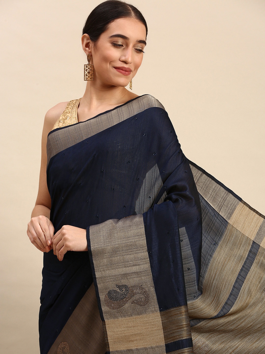 

MOHEY Stone Embellished Dupion Art Silk Saree, Navy blue