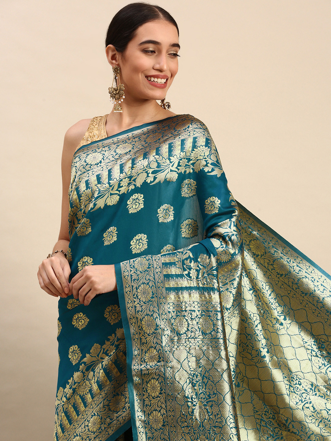 

MOHEY Ethnic Motifs Woven Design Art Silk Saree, Teal