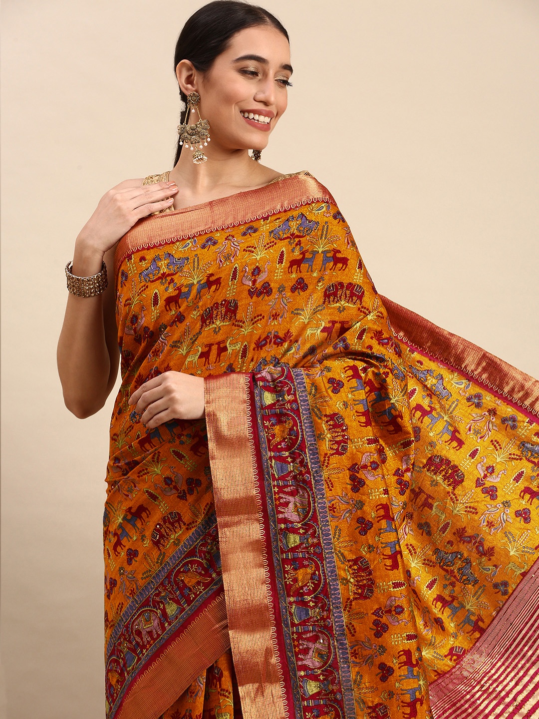 

MOHEY Ethnic Motifs Print Art Silk Saree, Mustard