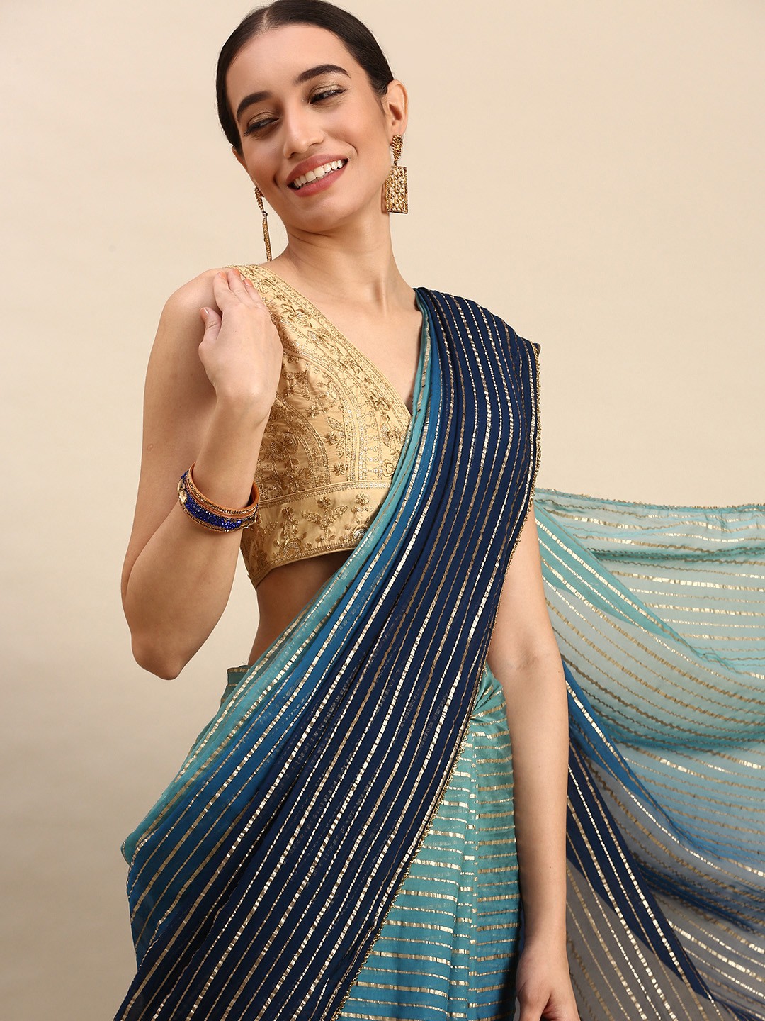 

MOHEY Striped Dyed Pure Georgette Saree, Blue