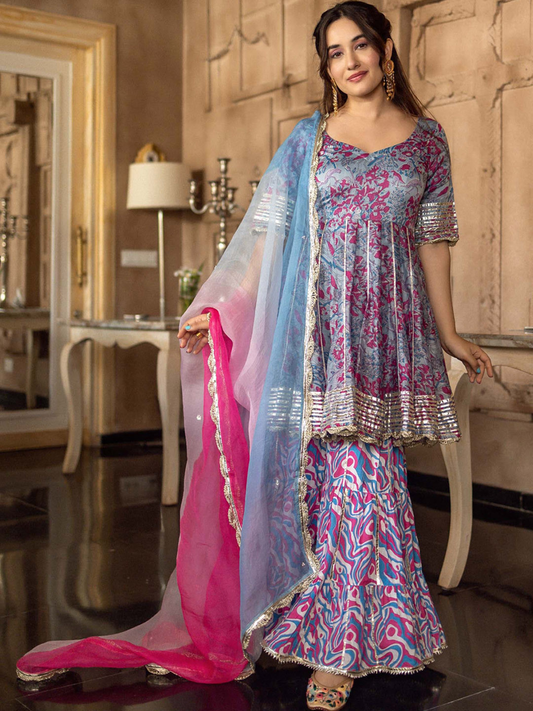 

AACHHO Women Hezreen Chanderi Sharara Set, Blue