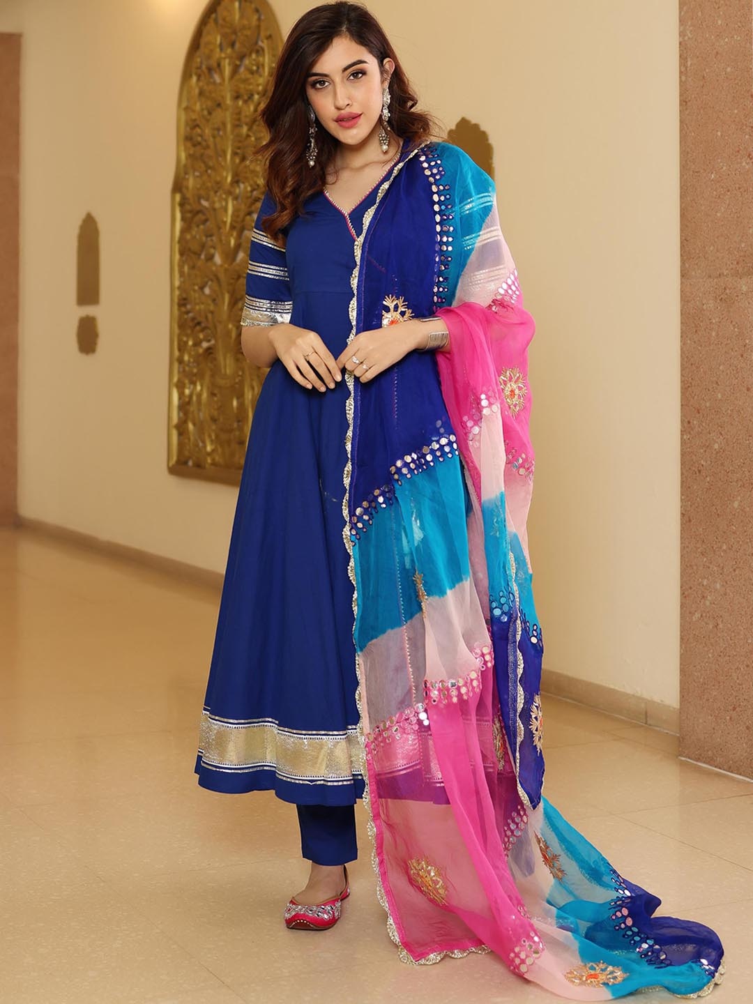 

AACHHO Women Navy Blue Anarkali Gotta Patti Pure Cotton Kurta With Trousers & With Dupatta