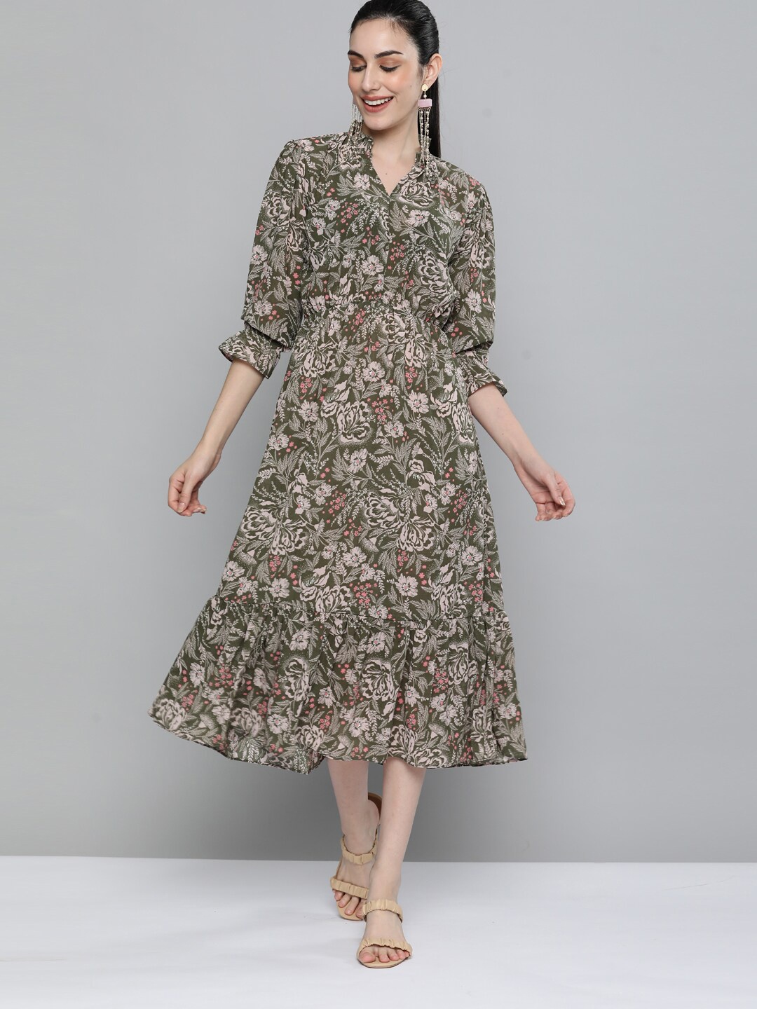 

Kvsfab Women Olive Green & Beige Floral Georgette A-Line Midi Dress