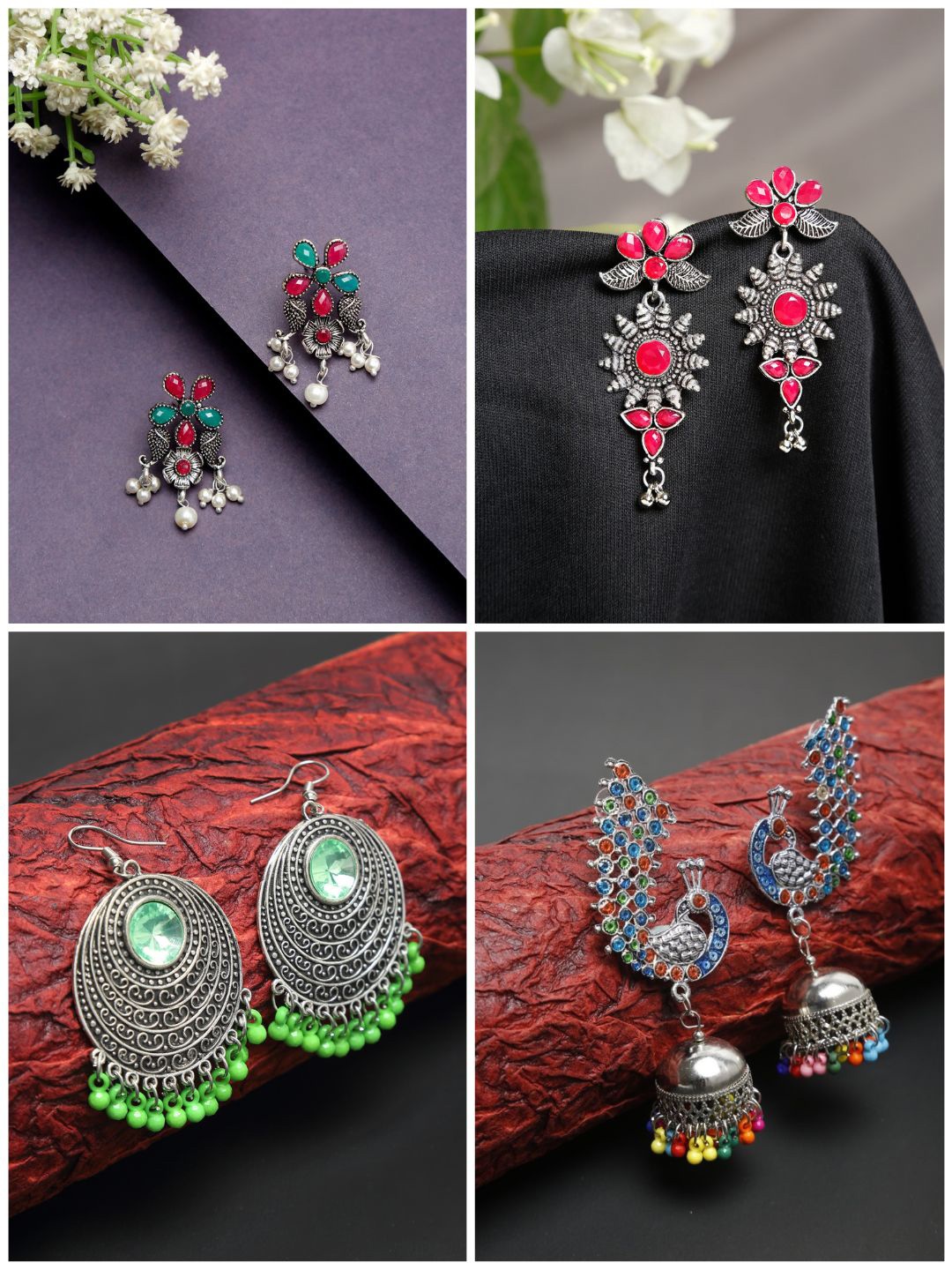 

Dhrohar Set of 4 Silver-Toned Contemporary Drop Earrings