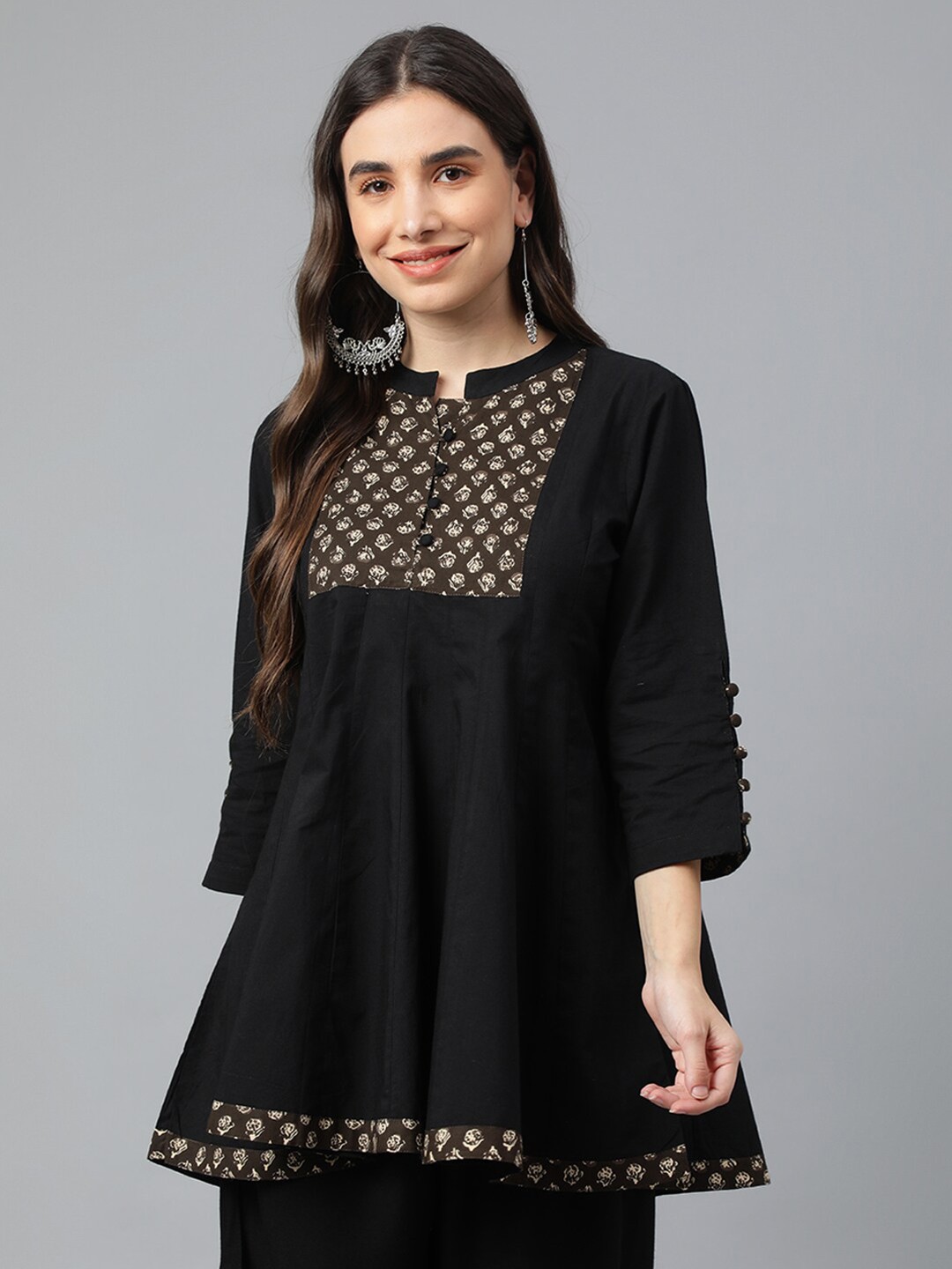 

Idalia Black & Brown Cotton Mandarin Collar Floral Printed Tunic