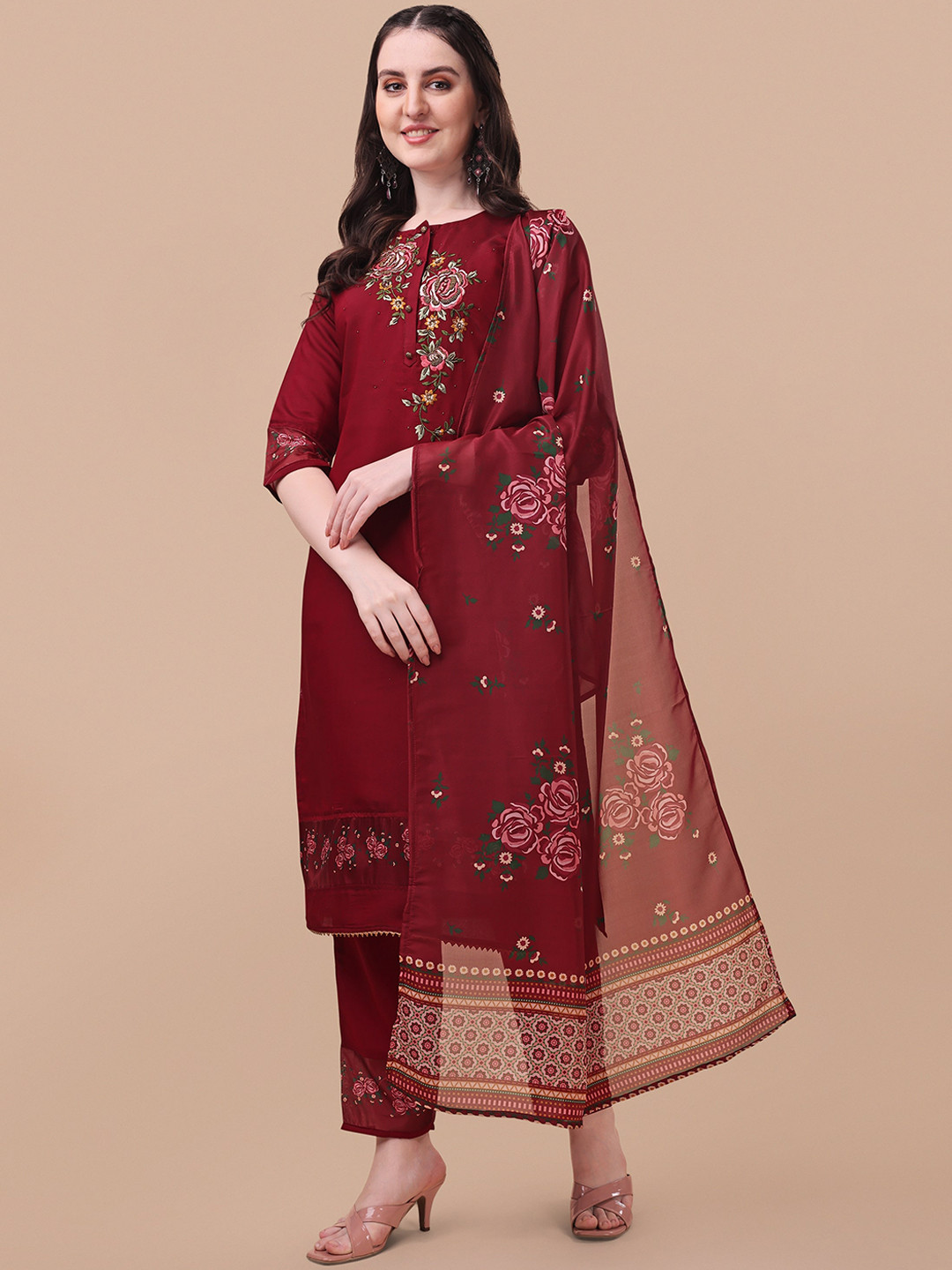 

Berrylicious Women Maroon Floral Embroidered Chanderi Cotton Kurta with Trousers & Dupatta
