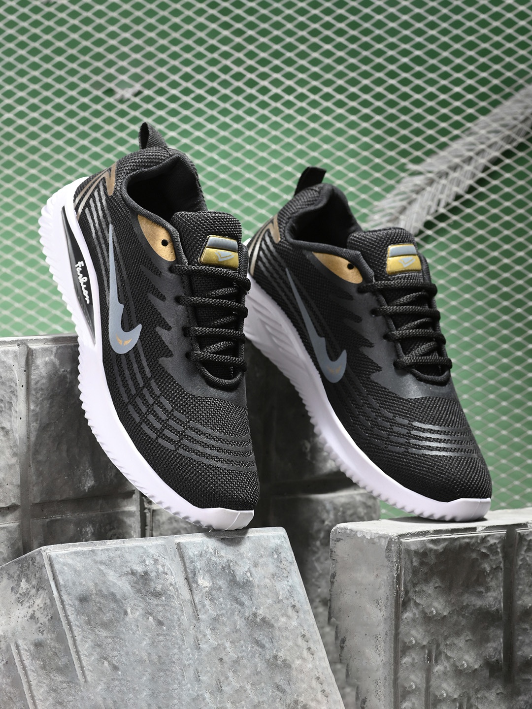 

BIRDE Women Black & Gold Printed Non-Marking Walking Shoes