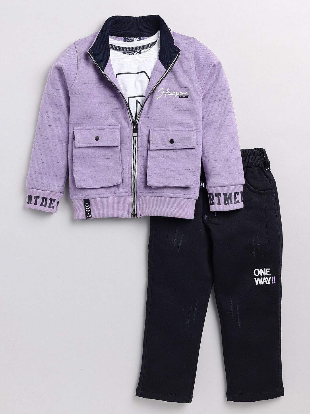 

Toonyport Kids Purple & White Printed T-shirt With Trousers & Jacket