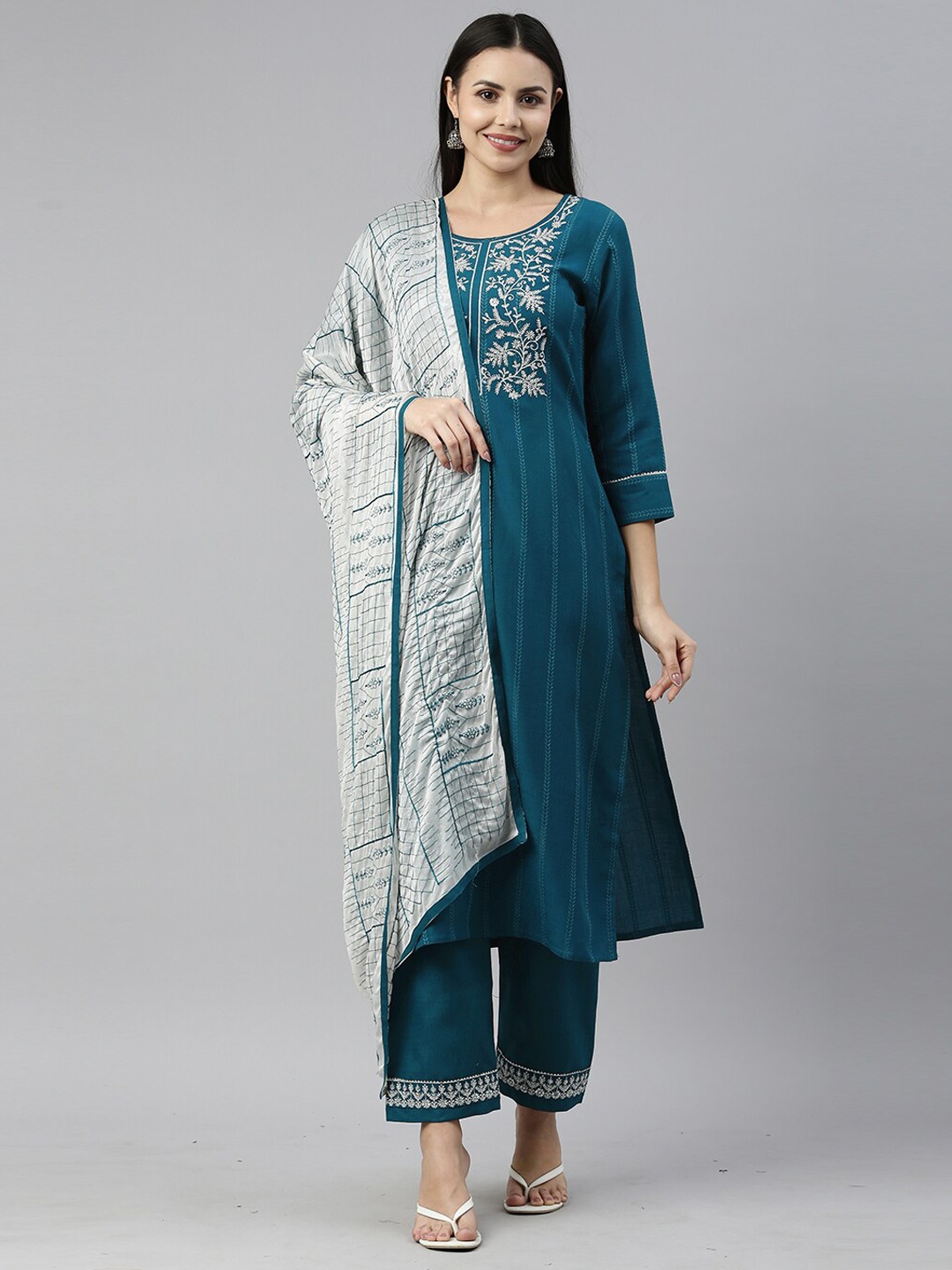 

SheWill Women Teal Floral Embroidered Sequinned Kurta with Trousers & Dupatta