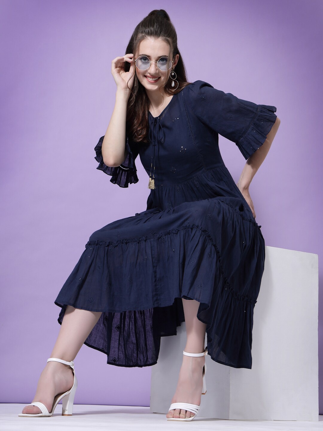 

TERQUOIS Women Navy Blue Midi Cotton Dress