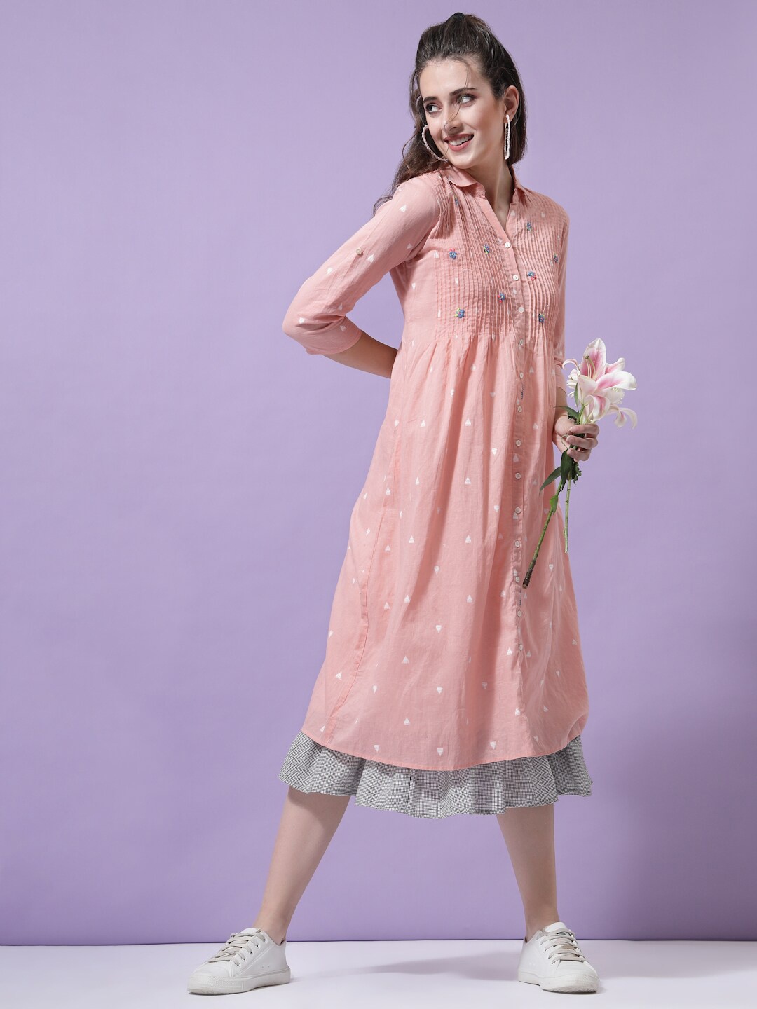 

TERQUOIS Women Pink Floral Cotton Midi Dress