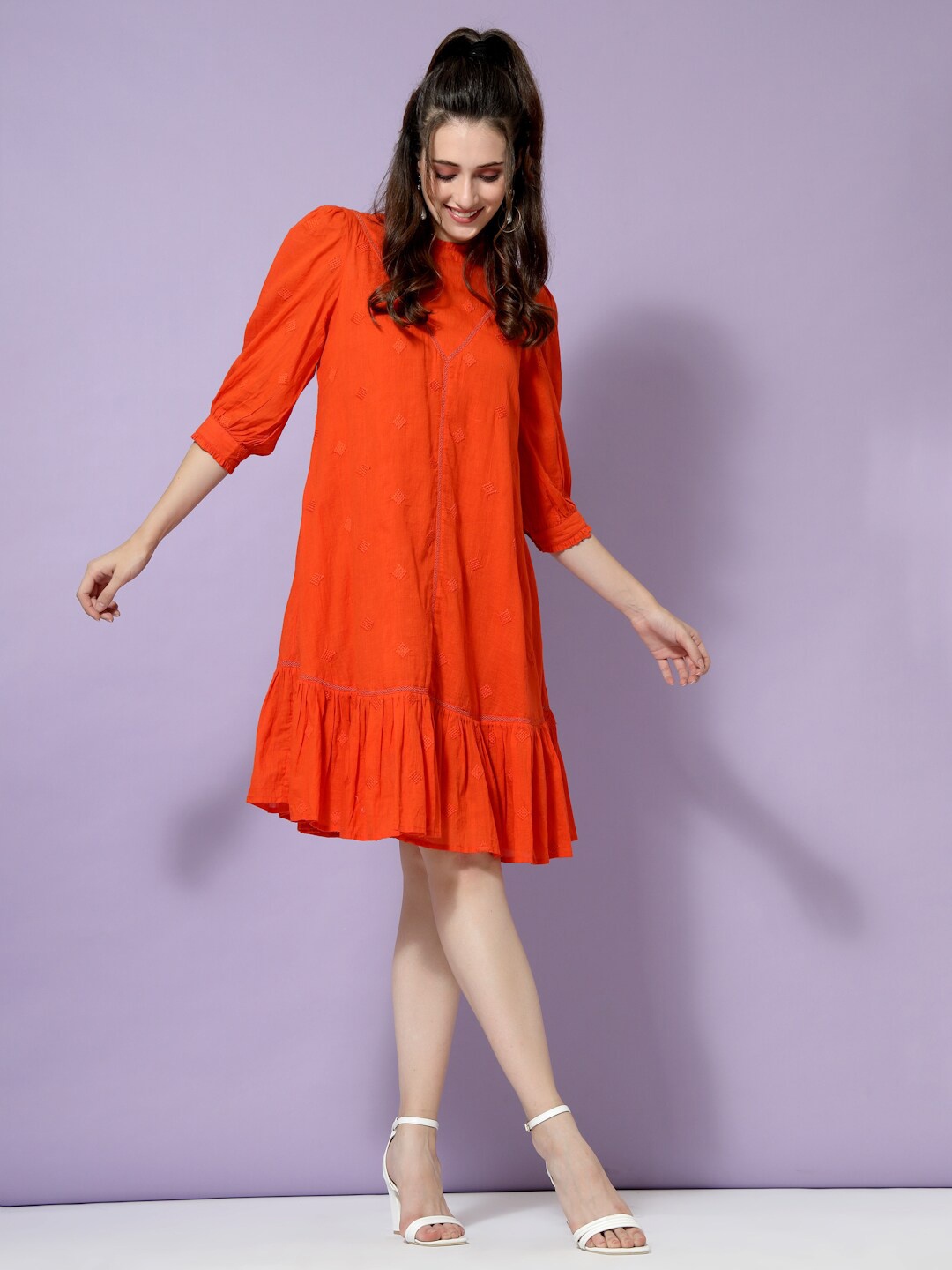 

TERQUOIS Women Orange A-Line Cotton Dress