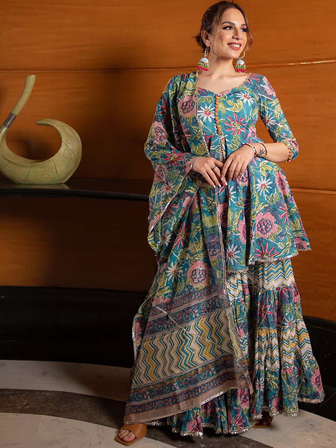

AACHHO Women Flower Fairy Handblock Gota Sharara Set, Turquoise blue