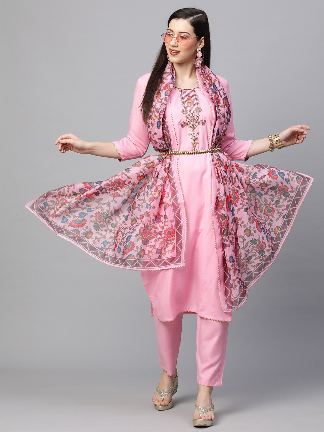 

KALINI Women Pink Ethnic Motifs Embroidered Thread Work Kurta with Trousers & With Dupatta