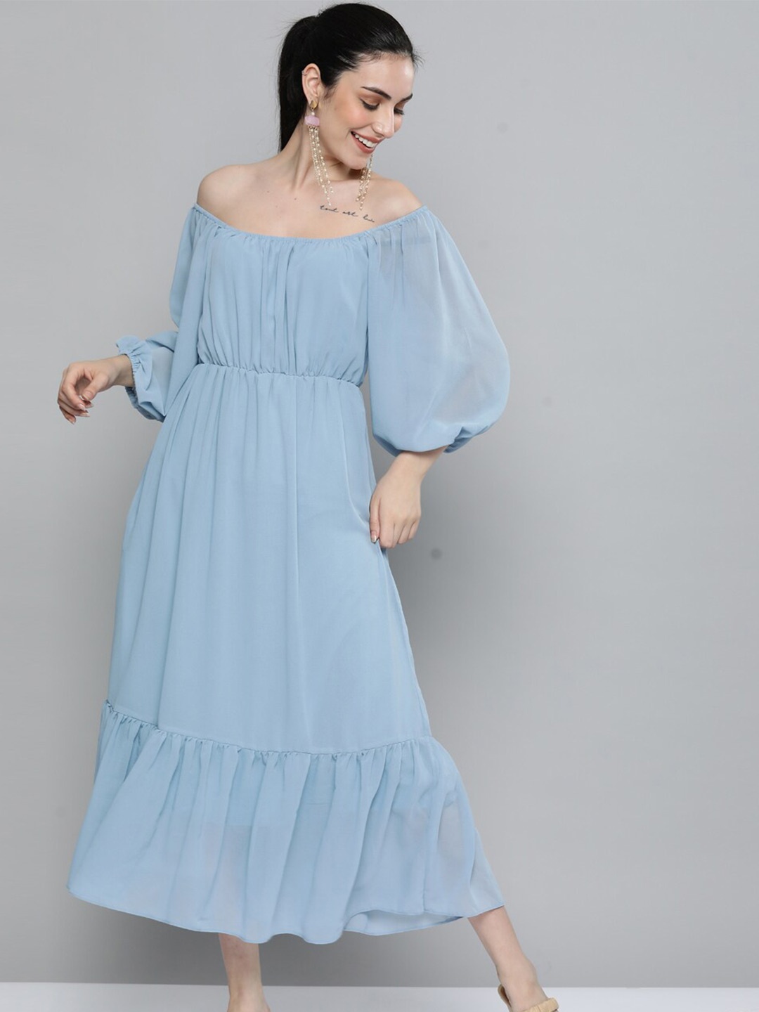 

Kvsfab Women Blue Off-Shoulder Georgette Midi Dress