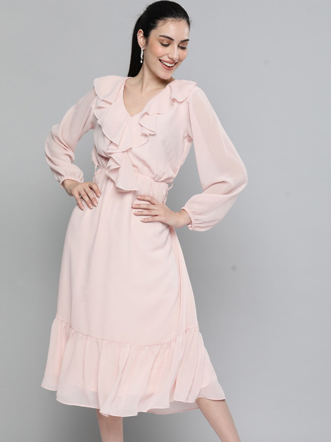 

Kvsfab Women Pink Ruffled Georgette Midi Dress