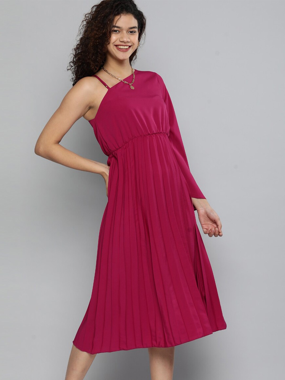 

Kvsfab Women Magenta One Shoulder Crepe A-Line Midi Dress