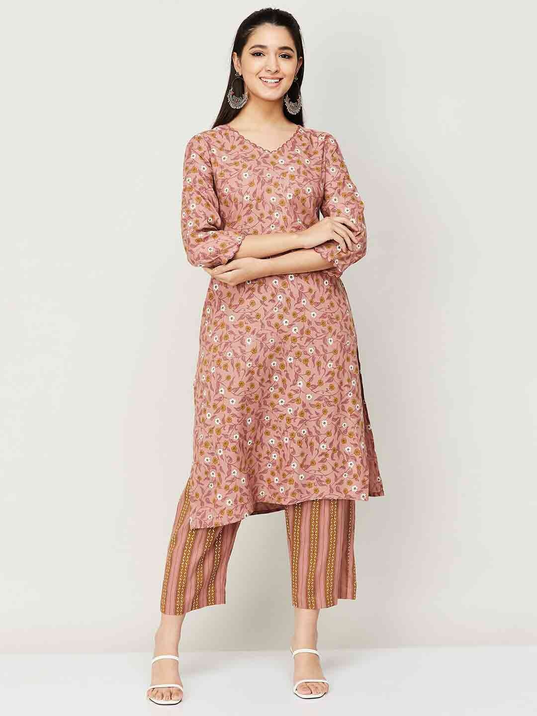 

Melange by Lifestyle Women Pink Floral Printed Kurta with Trousers