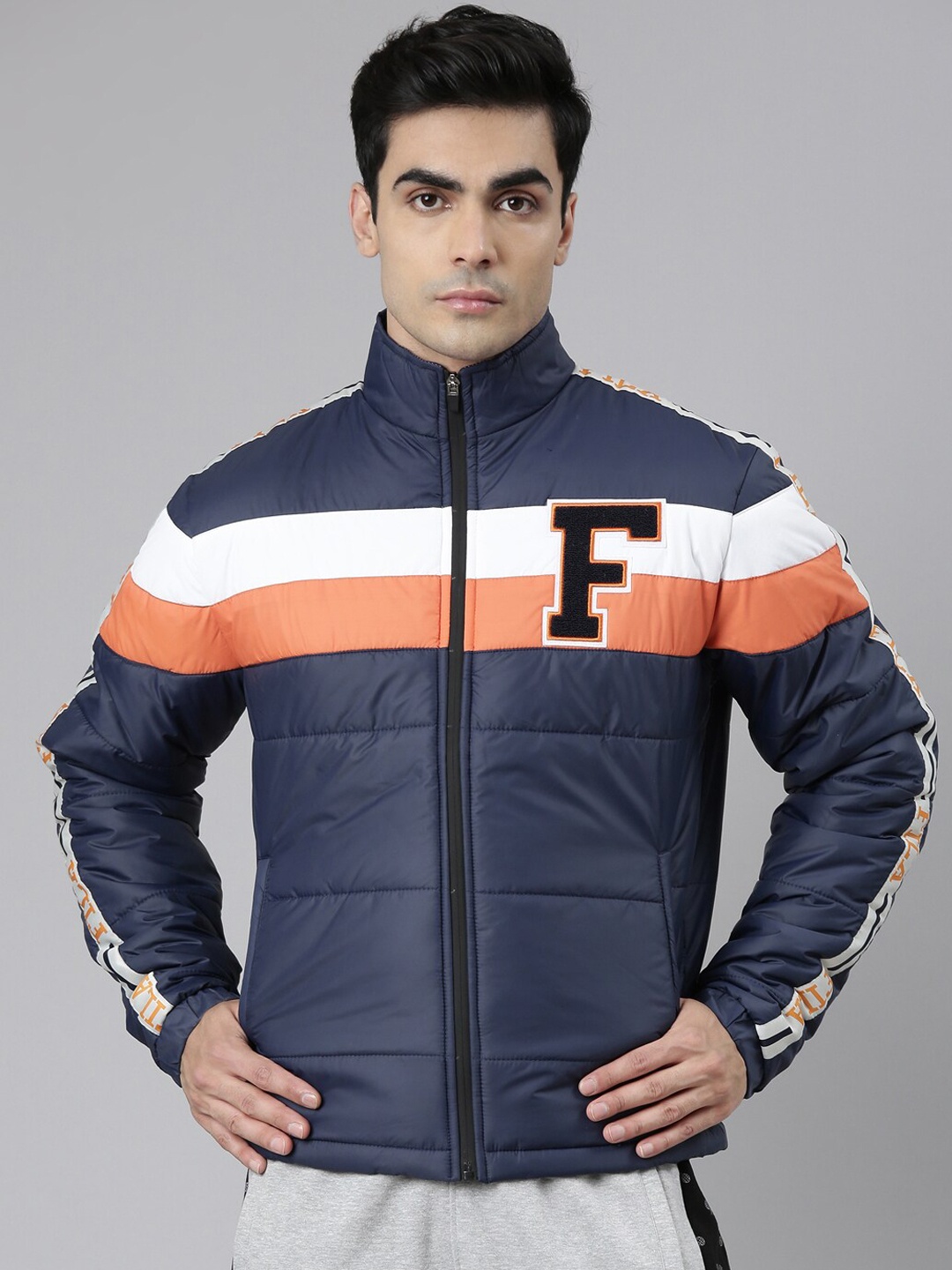 

FILA Men Blue Peach-Coloured Striped Padded Jacket