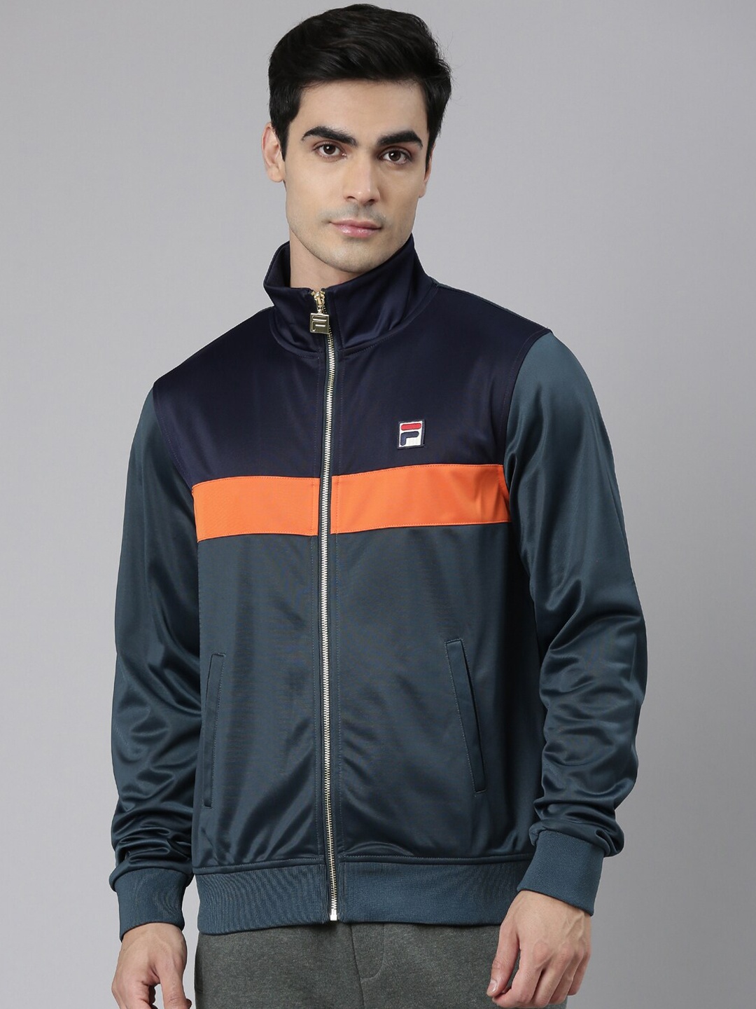 

FILA Men Green Navy Blue Colourblocked Sporty Jacket