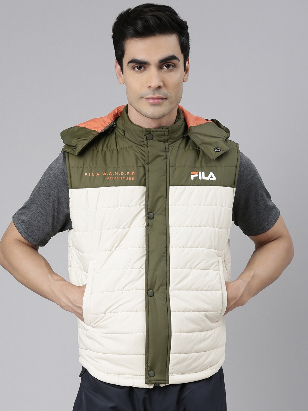 

FILA Men Cream-Coloured Olive Green Colourblocked Padded Jacket