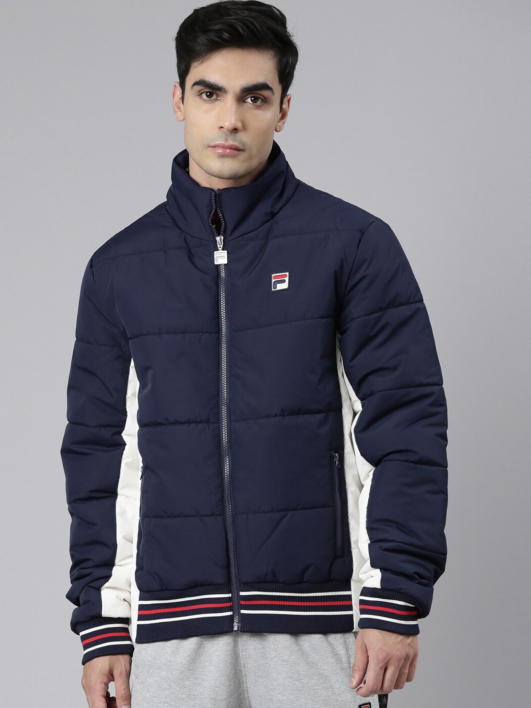 

FILA Men Navy Blue Cream-Coloured Geometric Striped Padded Jacket