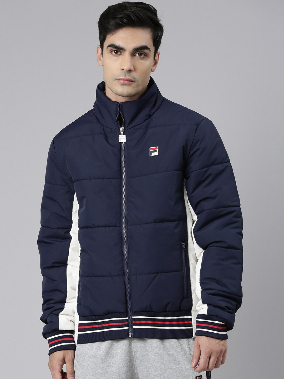 

FILA Men Blue Cream-Coloured Geometric Striped Padded Jacket