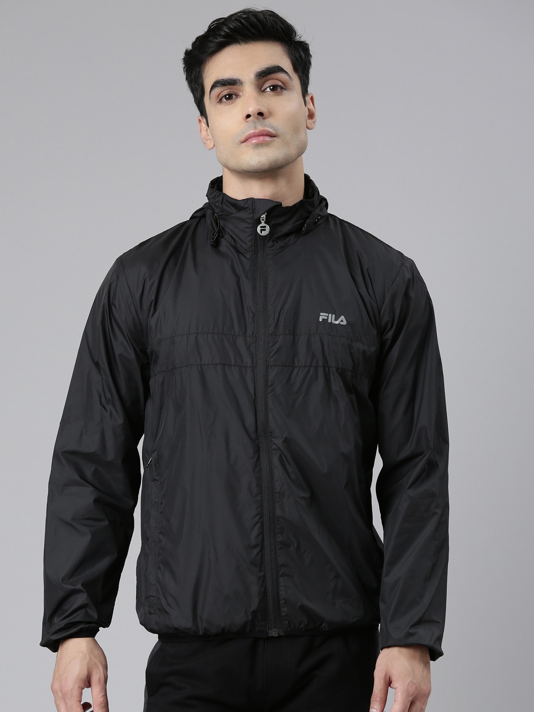 

FILA Men Black Geometric Longline Tailored Jacket with Embroidered