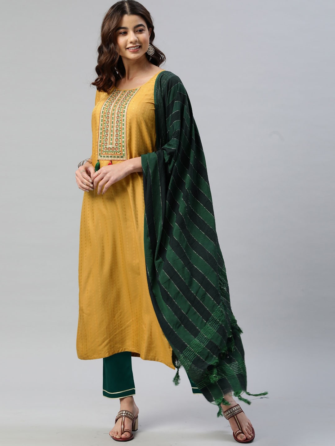

SheWill Women Yellow Floral Yoke Design Thread Work Kurta with Trousers & Dupatta