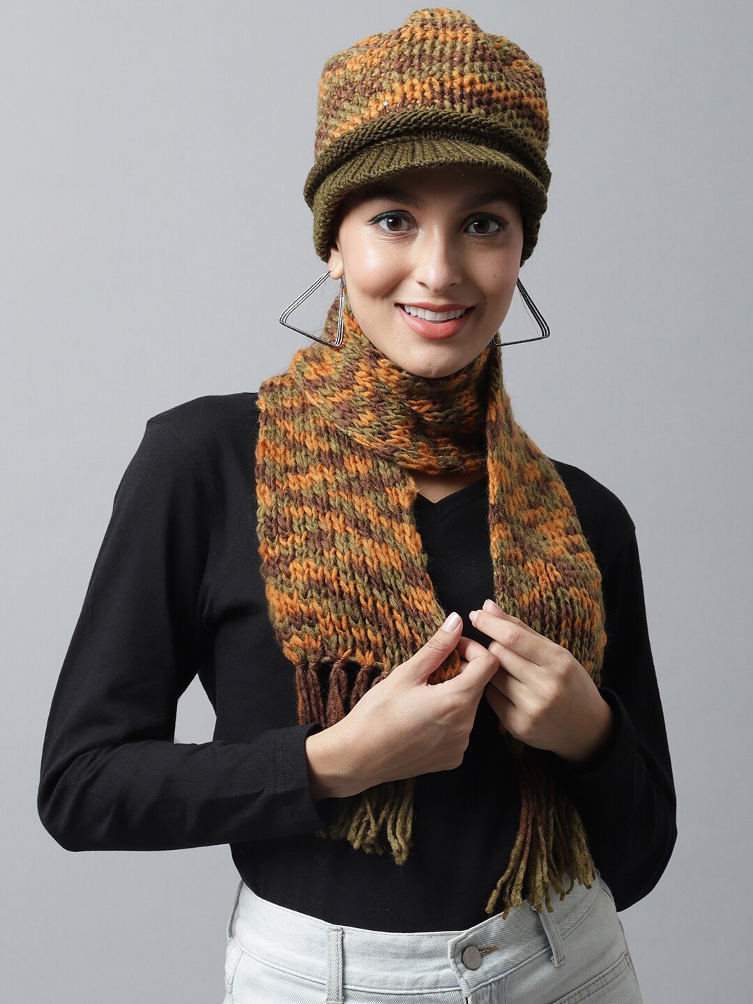 

LOOM LEGACY Women Green & Brown Visor Cap Cap With Muffler