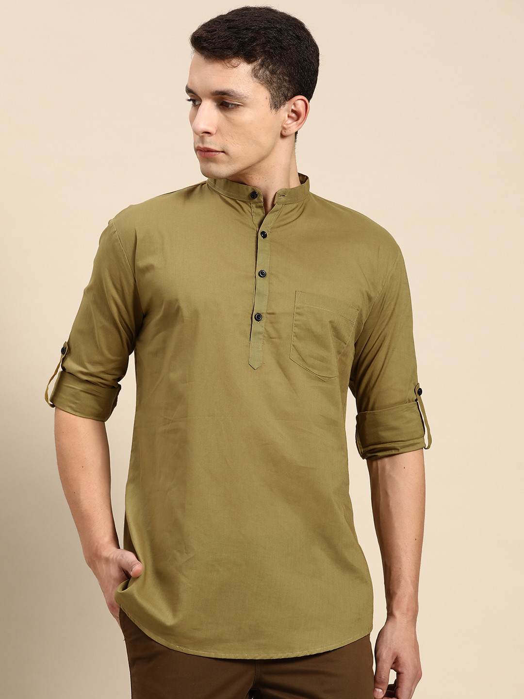 

RAJUBHAI HARGOVINDAS Men Solid Band Collar Pure Cotton Kurta, Mustard