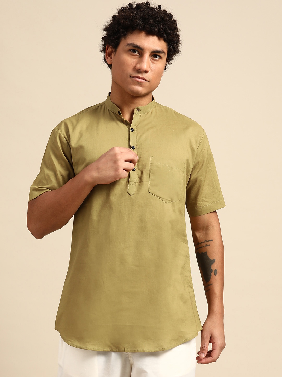 

RAJUBHAI HARGOVINDAS Olive Green Solid Cotton Kurta