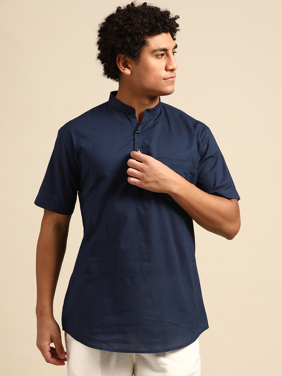 

RAJUBHAI HARGOVINDAS Navy Blue Solid Cotton Kurta