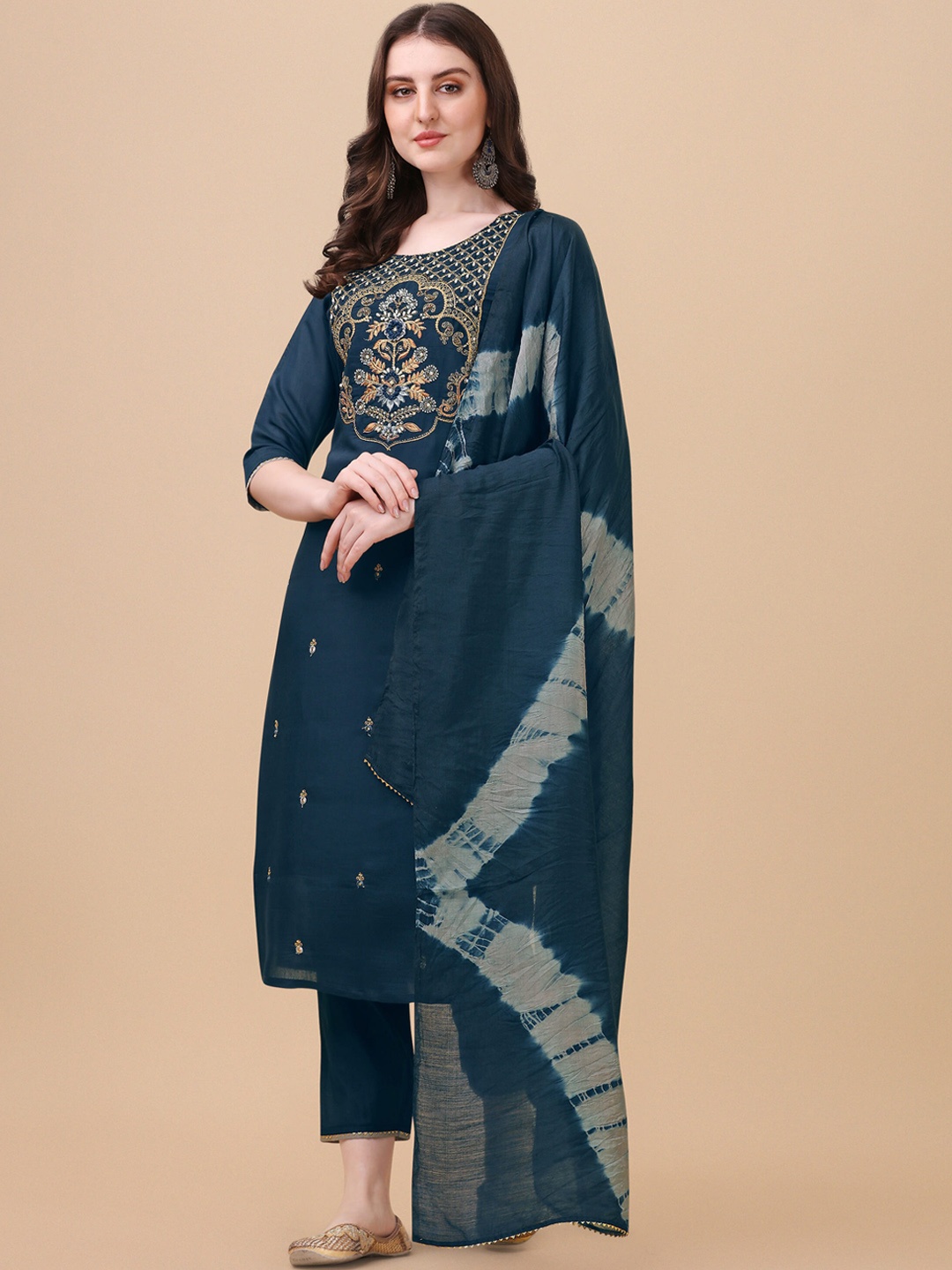 

Berrylicious Women Blue Ethnic Motifs Chanderi Cotton Kurta with Trousers & Dupatta