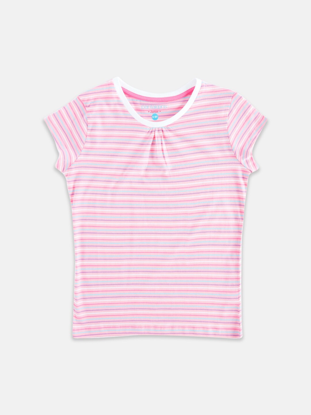 

Pantaloons Junior Girls Pink Striped Cotton T-shirt