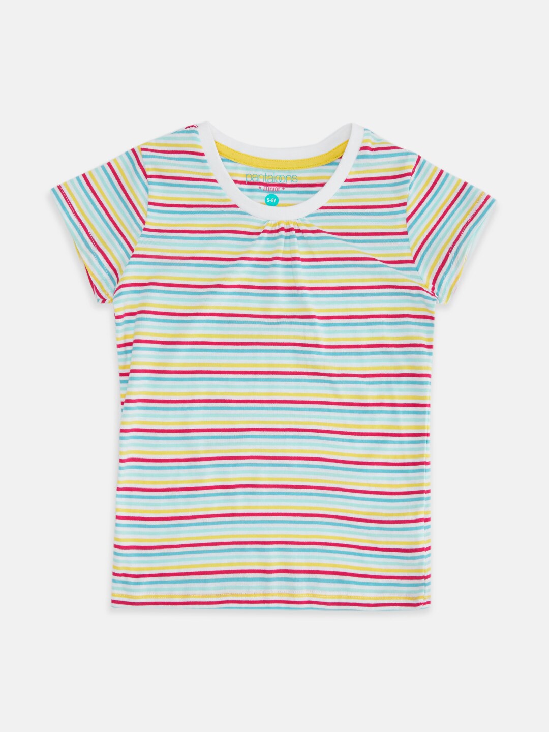 

Pantaloons Junior Girls Green & Pink Striped Cotton T-shirt