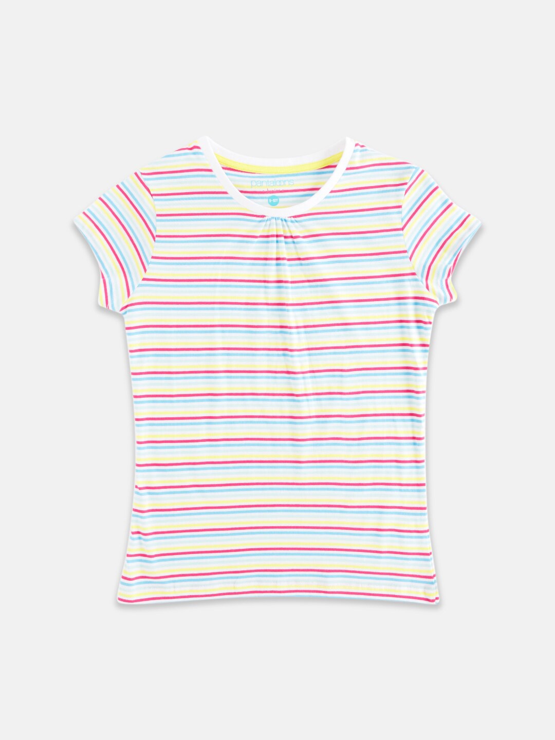 

Pantaloons Junior Girls Off White & Pink Striped Cotton T-shirt