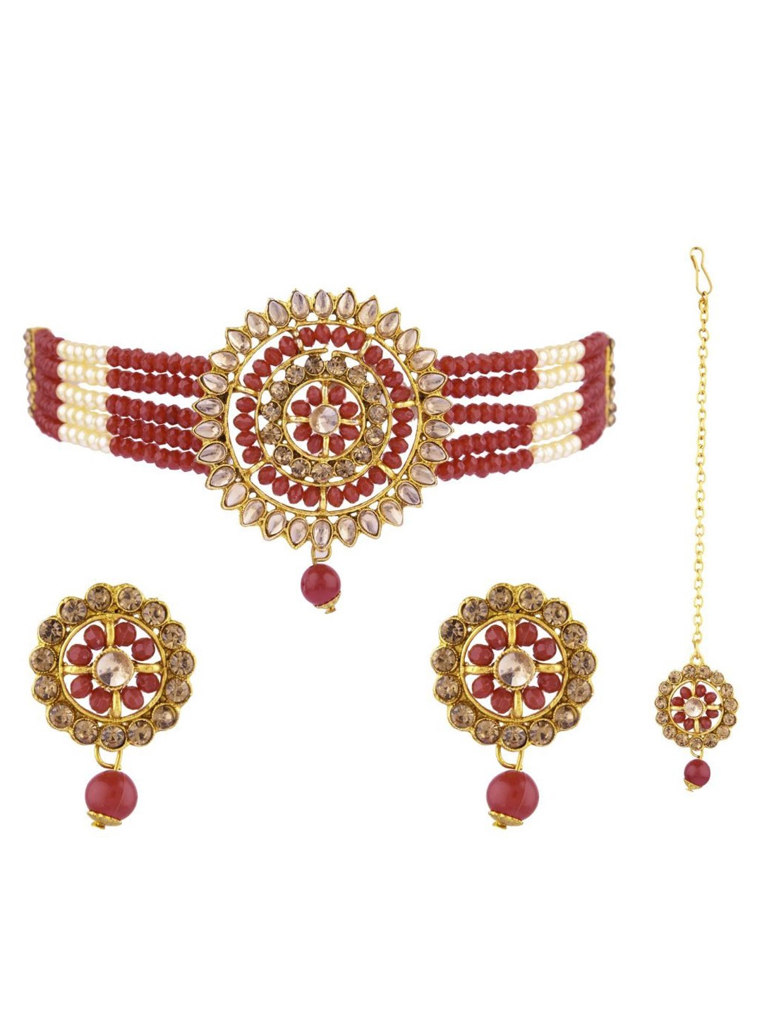 

Efulgenz Women Gold-Plated Maroon & White Crystal Studded & Beaded Jewellery Set