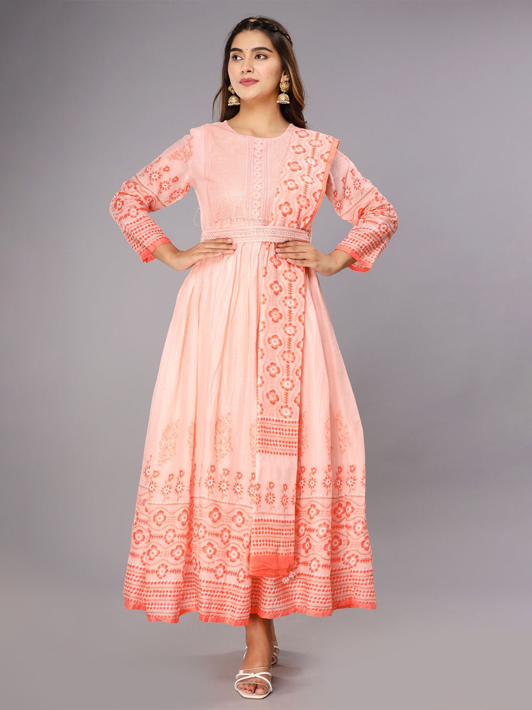 

FASHION DWAR Pink Ethnic Motifs Maxi Pure Cotton Dress, Peach